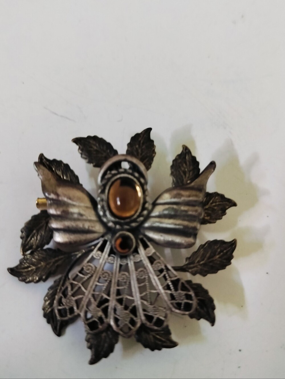 Vintage Mixed Metal Angel Brooch Pin Two-Tone Filigree Wreath Amber Rhinestone